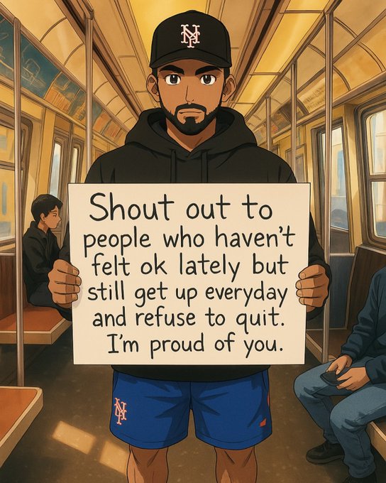 An illustrated image shows a man in a black hoodie and cap holding a sign that reads 'Shout out to people who haven't felt ok lately but still get up everyday and refuse to quit. I'm proud of you.'
