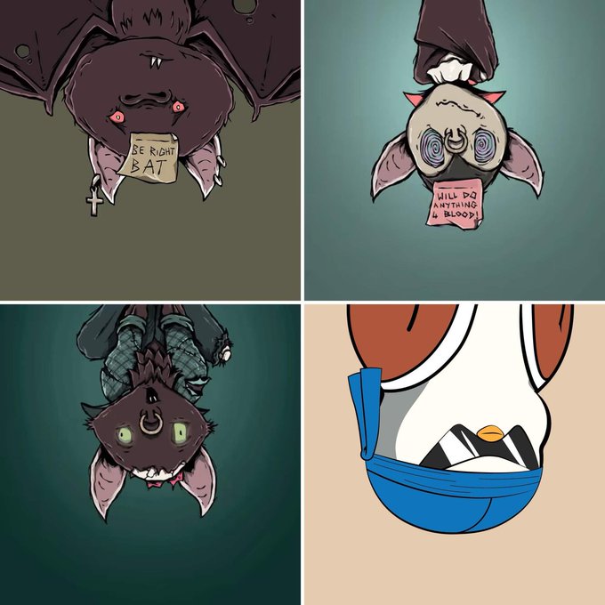 A four-panel cartoon featuring upside-down bats holding signs that read 'BE RIGHT BAT', 'WILL DO NOTHING & BLOOD!', and a confused penguin-like character in a blue basket.