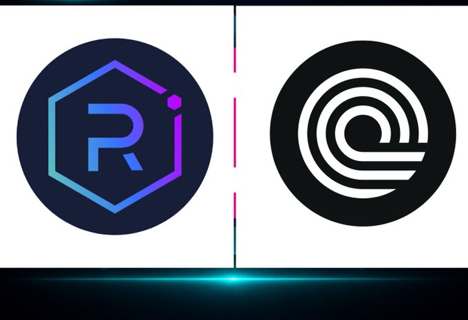 Two cryptocurrency logos side by side: a blue/purple hexagonal "R" logo on the left and a white circular "e" logo on the right, against a dark background with a teal light flare at the bottom.
