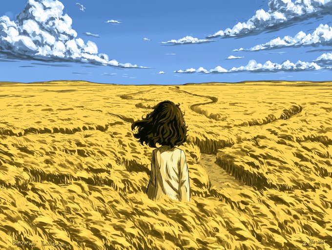 Image 7: A digital illustration depicting a person with dark, wavy hair viewed from behind, standing alone in a vast, golden field or desert under a blue sky with scattered white clouds.