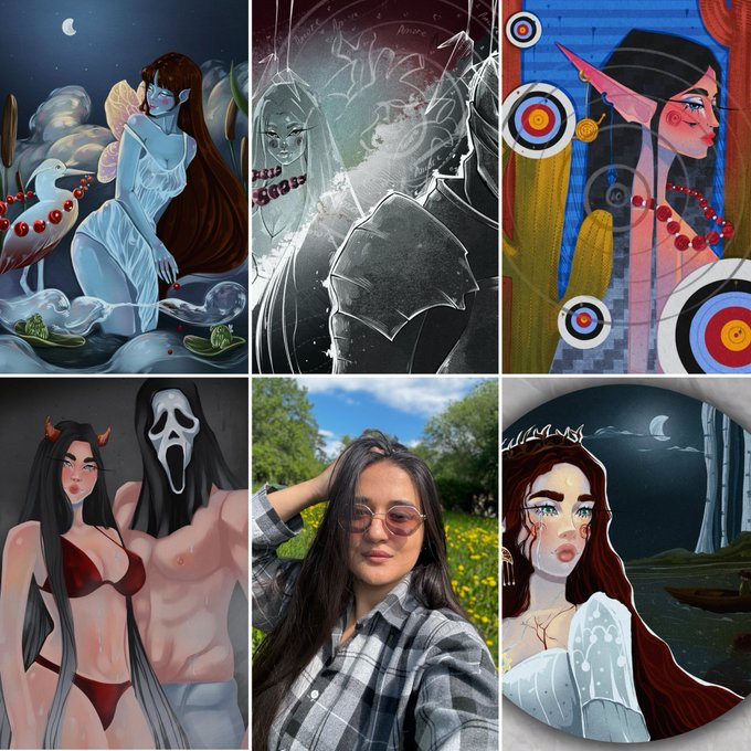 A collage of six artistic images featuring fantasy illustrations of women with supernatural elements like horns, crowns, and ghostly figures, alongside one realistic photo of a woman wearing sunglasses in a field of yellow flowers.