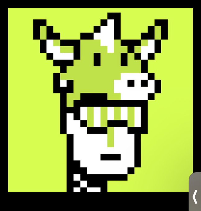 A pixel art illustration on a bright green background depicts a stylized white and black cow-like figure wearing a hat.