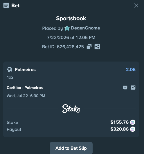 Sportsbook betting slip on Stake.com placed by 'DegenGnome' on 7/22/2026, showing a $155.76 bet on Palmeiras (1x2) vs Coritiba at 2.06 odds, with a potential payout of $320.86.