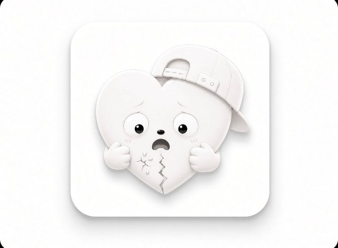 A 3D rendered illustration of a white cartoon heart character wearing a backwards baseball cap, looking worried with wide eyes and a cracked, broken center, set against a clean white background.