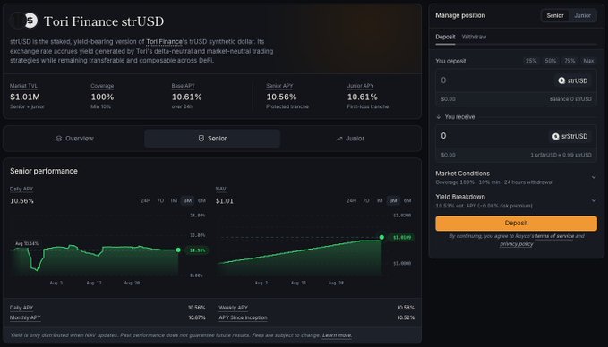 Tori Finance strUSD dashboard showing a senior position with $1.01M market cap, 10.61% Base APY, 10.56% Senior APY, and deposit interface with a 'Yield Breakdown' button.