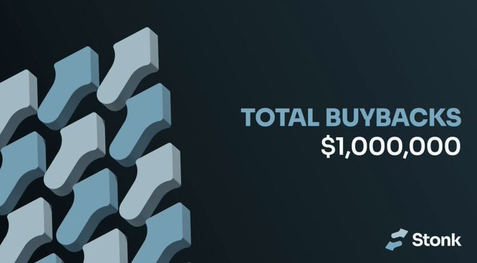 A promotional graphic for Stonk highlighting "TOTAL BUYBACKS $1,000,000" with the brand logo, supporting the post's claim that $STONK has reached $1M in buybacks alongside its rapid revenue growth.