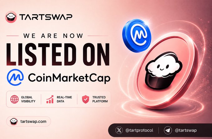A promotional graphic announcing TartSwap's listing on CoinMarketCap, featuring the TartSwap cupcake logo and CMC logo alongside the text "WE ARE NOW LISTED ON CoinMarketCap" with highlights for "Global Visibility," "Real-Time Data," and "Trusted Platform," plus social handles @tartprotocol and @tartswap. The image visually reinforces the post's announcement of $TART's CMC listing and its growing presence within the BNBChain DeFi ecosystem.