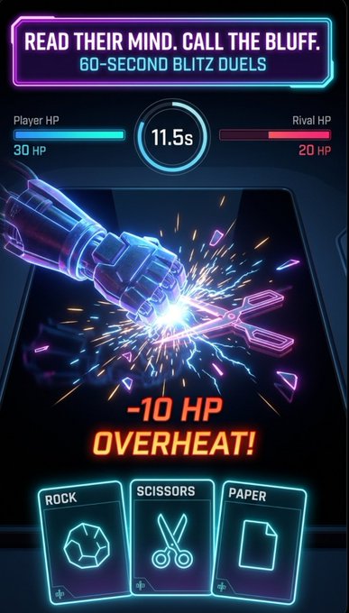 A vibrant mobile game screen advertises 'READ THEIR MIND. CALL THE BLUFF. 60-SECOND BLITZ DUELS' featuring a robotic hand crushing scissors with 'OVERHEAT!' text and Rock/Paper/Scissors buttons below.