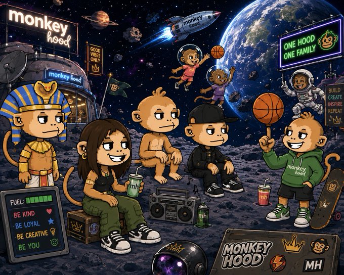 A colorful NFT-style digital illustration from the 'Monkey Hood' collection featuring cartoon monkey characters in various outfits including pharaoh, basketball player, and astronaut, set against a space backdrop with Earth, planets, and a rocket ship.