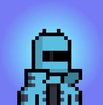 A pixel art character in a blue hazmat suit and helmet with a dark visor against a gradient blue background.