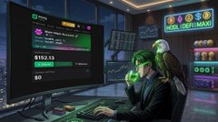 An illustrated scene of a man in a suit wearing large green headphones at a computer desk, with a digital screen showing cryptocurrency trading numbers and a 'NOEL DEPTHMAX' sign in the background.