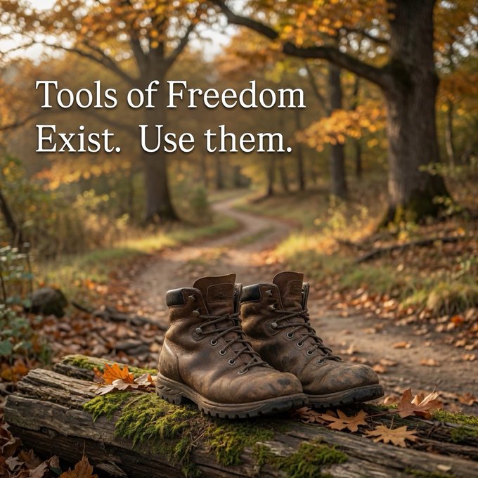 A pair of brown leather work boots rest on a mossy log in an autumn forest, with the text 'Tools of Freedom Exist. Use them.' overlaid on the image.