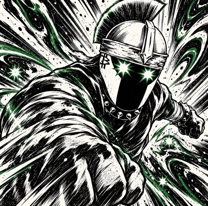 A fierce black-and-white manga-style warrior with glowing green eyes lunges forward amid radiating energy, seemingly channeling a powerful punch. The image evokes the martial arts inspiration behind the name "Ching," likely a nod to the iconic **Ching the Invisible** from *Crayon Shin-chan*, a visually striking fighter known for his hidden power.