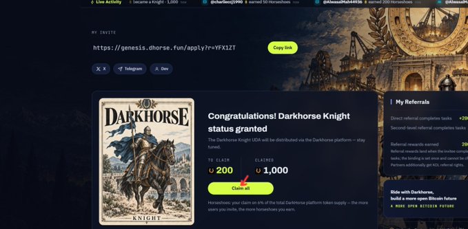 A screenshot from the 'Horse.fun' platform announcing a 'Darkhorse Knight UDA' claim for 1,000 tokens, with a progress bar at the top.