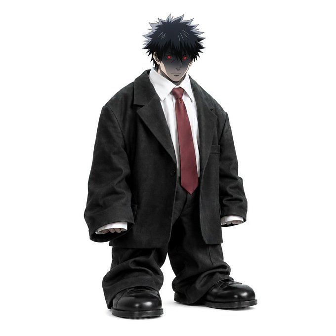 A stylized action figure of an anime character with spiky black hair, red eyes, and an oversized black suit with a white shirt and red tie, standing against a white background.