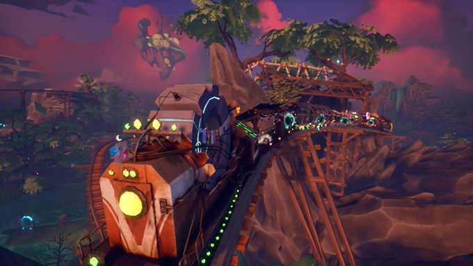 A vibrant, stylized video game scene featuring a futuristic train traveling along elevated wooden tracks through a rocky, otherworldly landscape with floating islands and trees under a dramatic purple and red sky.