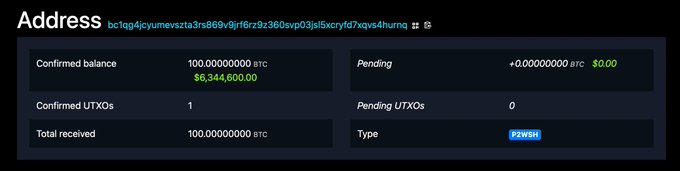 A Bitcoin wallet address interface showing a confirmed balance of 100.00000000 BTC (valued at $6,344,600.00) with a P2WSH type.