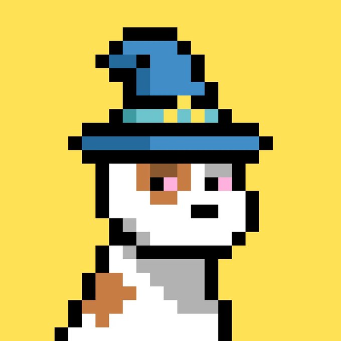 Pixel art illustration of a white cat-like character wearing a blue top hat with teal band, set against a yellow background.