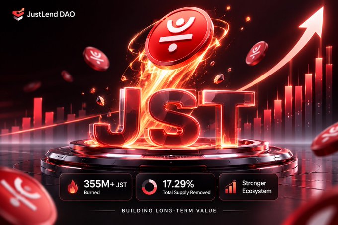 A fiery promotional graphic for JustLend DAO showcases a glowing "JST" emblem surrounded by floating JST coins and a rising red chart, highlighting key metrics: 355M+ JST burned, 17.29% of total supply removed, and a "Stronger Ecosystem" — reinforcing the post's message about long-term value through a deflationary buyback and burn model.