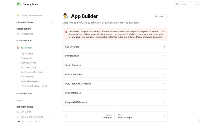 A screenshot of the Canopy Docs documentation page for App Builders, showing sections like Key Concepts, Prerequisites, and Chain Quickstart with an alpha-stage disclaimer.