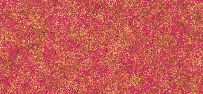 An abstract textured pattern with a magenta and orange-red color palette featuring a web-like, crackled design.