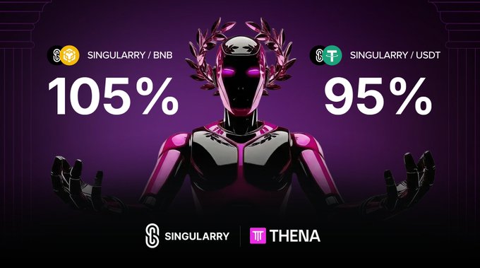 A promotional graphic for Singularity/BNB (105%) and Singularity/USDT (95%) on the Thena exchange, featuring a pink and purple robotic figure with glowing eyes.