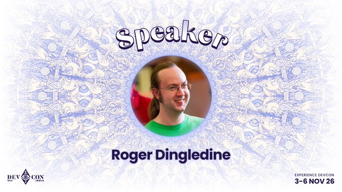 A speaker announcement graphic for Devcon SEA features a circular portrait of Roger Dingledine, identified as the speaker, set against a decorative purple patterned background. The event details "Devcon SEA India," "Experience Devcon," and the dates "3-6 Nov 26" are displayed, promoting his talk on network privacy and the Tor Project.