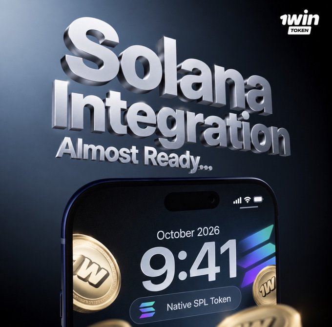 A promotional graphic for @1winToken announces "Solana Integration Almost Ready..." in bold chrome 3D lettering, accompanied by a smartphone lock screen displaying "October 2026, 9:41" with a "Native SPL Token" badge and gold "1W" coins, visually reinforcing the post's excitement about $1WIN's upcoming Solana blockchain integration.
