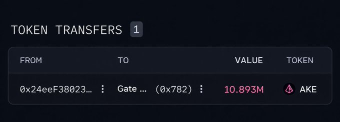 A token transfer record showing 10.893M AKE tokens sent from address 0x24eeF38023... to Gate... (0x782).