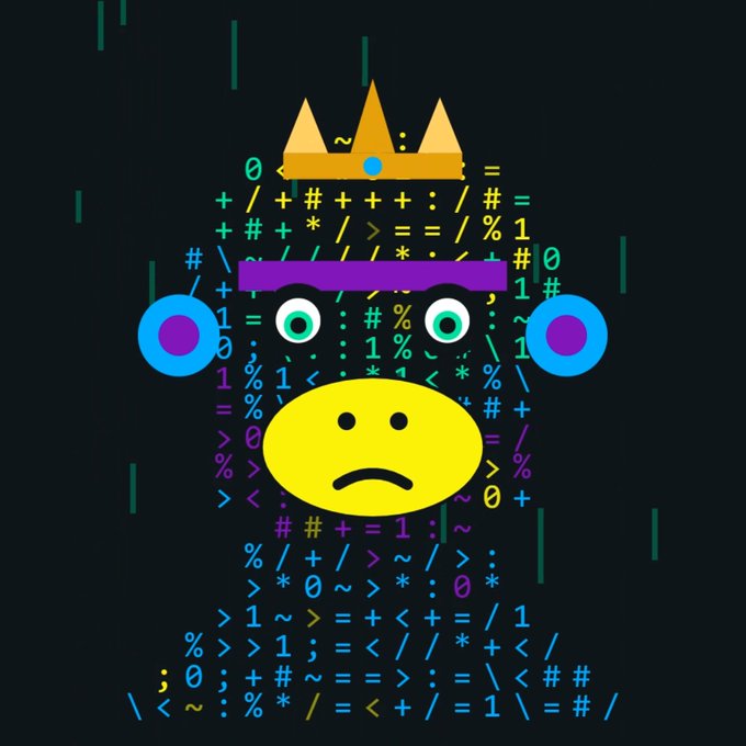 A digital artwork features a stylized character with a sad yellow face, large purple and cyan eyes, cyan circular ears, and a golden crown, set against a dark background filled with scattered colorful symbols like #, %, +, =, and 1. The image visually represents a melancholy crowned figure amidst chaotic code or symbols, aligning with the post's reference to searching for "The Late Stage Archetypes" NFT art, with the crown symbolizing royalty or status in the crypto/NFT space.