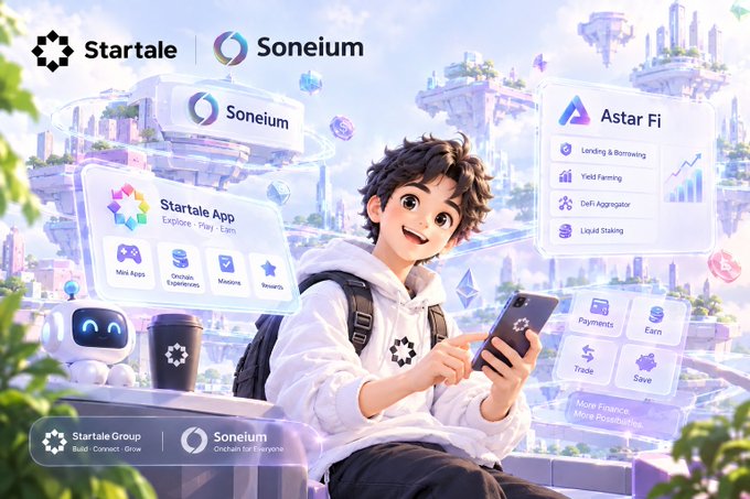 Anime-style illustration of a young man holding a phone, with logos for "Startale" and "Soneium", a "Startale App" panel, and an "Astar Fi" panel listing features like Lending & Borrowing, Yield Farming, DeFi Aggregator, and Liquid Staking.
