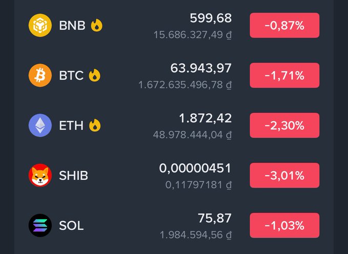A dark-themed cryptocurrency price tracker showing BNB at 599.68 (-0.87%), BTC at 63,943.97 (-1.71%), ETH at 1,872.42 (-2.30%), SHIB at 0.00000451 (-3.01%), and SOL at 75.87 (-1.03%), with all assets showing declines and flame icons indicating active trading.