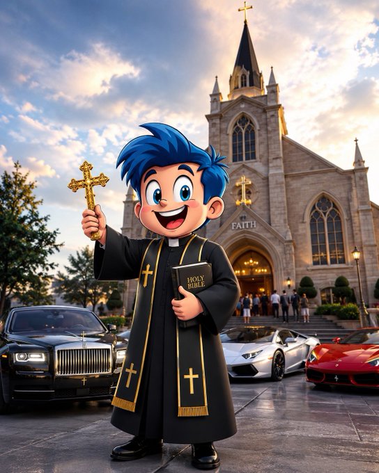 The image features a cartoon character dressed as a priest standing outside of an old church. The character holds a cross and a book, possibly a Bible or another religious text. In front of the church, there are two luxury cars parked - one red sports car on the left side and another black car in the background. The scene also includes several people walking around the area near the church.