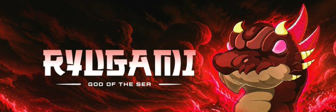 A banner image for "RYUGAMI - GOD OF THE SEA" featuring a horned, red and black stylized character on a dark red cloudy background.