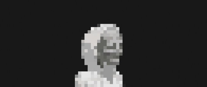 A low-resolution, grayscale pixel art portrait of a character with light hair, appearing to laugh or shout, set against a black background.