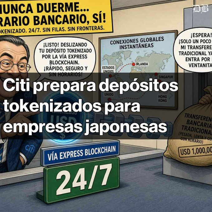 A comic-style illustration depicts a bank scene with Spanish text reading 'Citi prepara depósitos tokenizados para empresas japonesas', highlighting Citi's blockchain deposit services.
