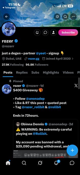 A screenshot of an X/Twitter profile for 'rozer' (@rozerr) showing 96.8K followers and a pinned post announcing a $400 giveaway requiring users to follow @anonadep, like/RT, and tag @razer_rollbit & @rollbit.
