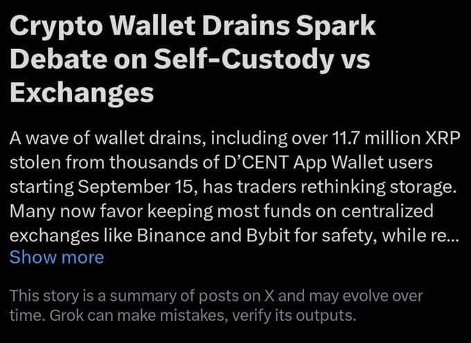 A news headline reads 'Crypto Wallet Drains Spark Debate on Self-Custody vs Exchanges,' discussing over 11.7 million XRP stolen from D'CENT App Wallet users starting September 15, pushing traders toward centralized exchanges like Binance and Bybit.