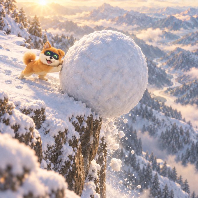 A small orange dog pushes a massive snowball toward the edge of a snowy mountain cliff. The image playfully illustrates the post's "snowball" metaphor, suggesting how a small effort can grow into something huge and powerful—as the project aims to do by rolling up meme culture with stock market strength into a new asset class.