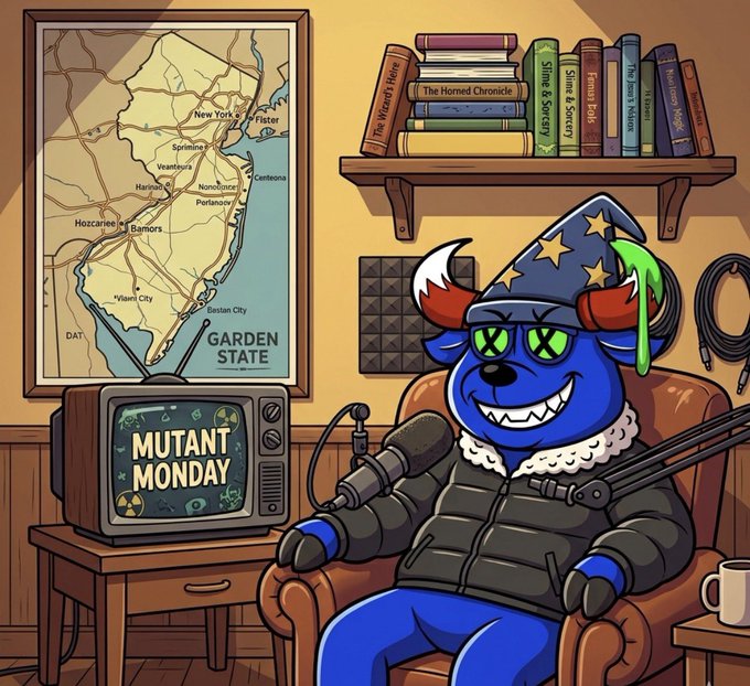 The image shows a cartoon blue horned monster character wearing a star-adorned wizard hat and black puffy jacket, sitting in a cozy chair with a microphone, with a TV displaying "MUTANT MONDAY," a "GARDEN STATE" (New Jersey) map, and a bookshelf in the background. The illustration aligns with the post promoting MakkuOnChain's Twitter Spaces event to celebrate Mutant Monday.