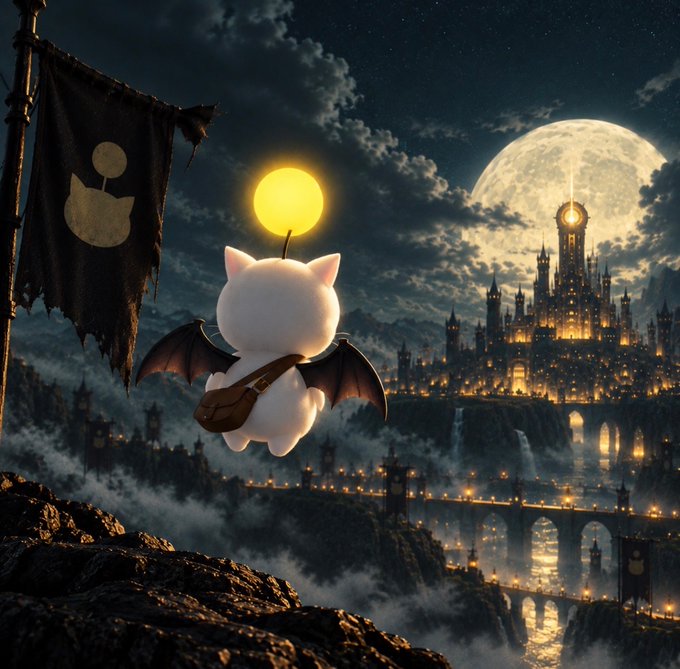 A whimsical, dark fantasy scene showing a small white, cat-like creature with bat wings and a lightbulb above its head overlooking a glowing city.