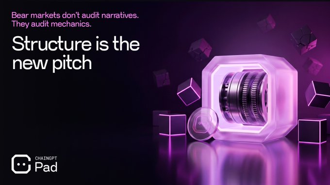 The image features a dark purple background with a glowing translucent cube containing mechanical gears, accompanied by the text "Bear markets don't audit narratives. They audit mechanics. Structure is the new pitch" and the "ChatGPT Pad" logo. The glowing mechanical vault visually represents how bear markets force projects to reveal their underlying structural integrity—the refund paths, unlock schedules, and allocation logic that investors now scrutinize rather than glossy narratives.