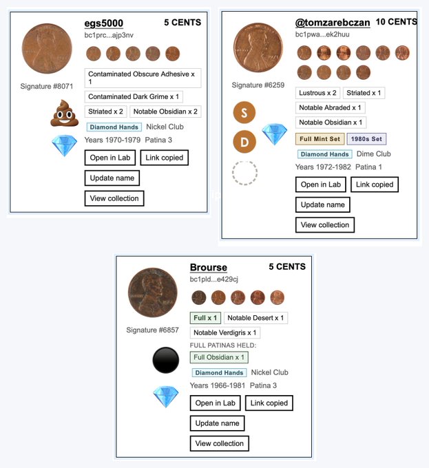 A display showing three coin collector profiles: 'egs5000' (5 cents, Signature #8071), '@tomzarebczan' (10 cents, Signature #6259), and 'Brourse' (5 cents, Signature #6857), each listing various coin attributes.
