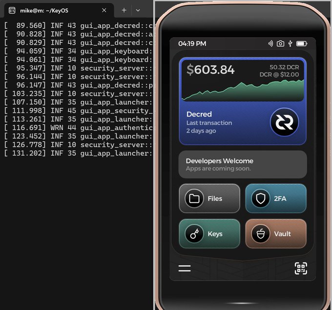 A split-screen image shows a terminal window displaying KeyOS development logs alongside a hardware device interface showing a Decred (DCR) wallet balance of $603.84 with 50.32 DCR, illustrating the open-source KeyOS hardware wallet successfully running a Decred app and signing transactions on Mainnet as mentioned in the post.