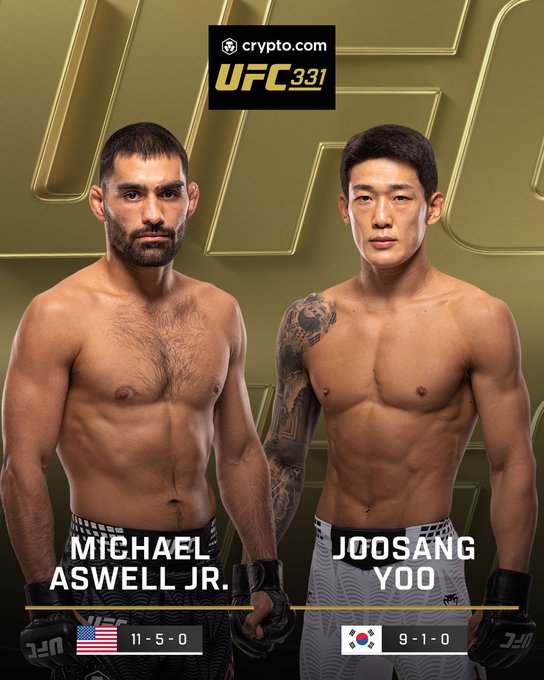 The image is a promotional poster for UFC 331, presented by Crypto.com, featuring fighters Michael Aswell Jr. (USA, 11-5-0) on the left and Joosang Yoo (South Korea, 9-1-0) on the right, both posing shirtless in fight stance with the event branding displayed behind them.

The poster visually supports the announcement of the upcoming bout between the two fighters, as referenced in the accompanying post promoting the live event on Paramount Plus.