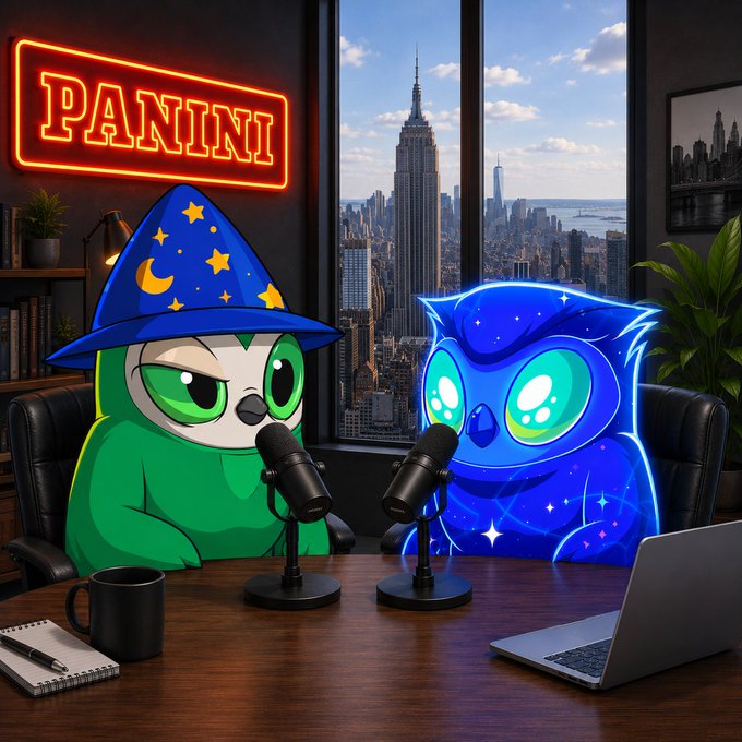 A neon "PANINI" sign glows above two costumed characters—a green bird in a wizard hat and a glowing blue owl—sitting at a podcast desk with microphones against a New York City skyline backdrop, promoting a live 2:00PM EST podcast with @spencer and @birbpax recapping the "Birbs Beyond Panini" drop.