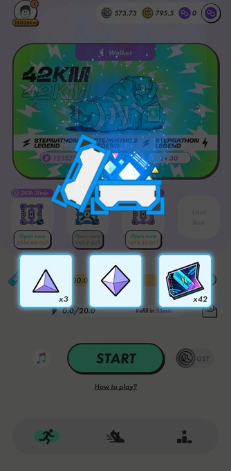 A STEPN mobile app screen displays a "42KM" walk event celebration with a glowing sneaker NFT, showing a Mystery Box reward interface containing an "Uncommon Resilience" gem (x3), a standard Resilience gem (x3), and a box (x42), which corresponds to the post about claiming a lvl 5 Mystery Box with 42 tickets and 3247 Resilience points via activation code 04007764.