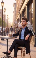 A man in a suit sits at an outdoor cafe table with a white owl perched on his arm, holding the bird's leash.