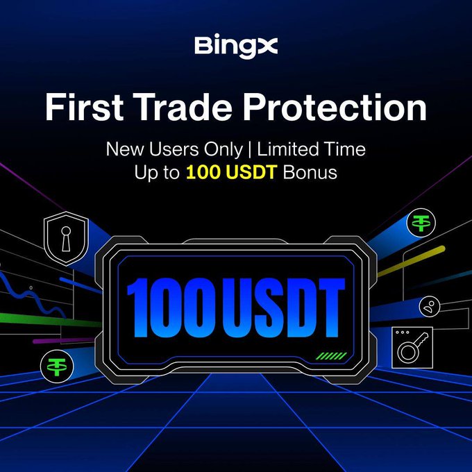 A BingX promotional graphic advertising "First Trade Protection" for new users, featuring a futuristic digital display showcasing the "100 USDT" bonus offer alongside icons representing security shields and trading tools. The bold blue "100USDT" centerpiece reinforces the limited-time reward highlighted in the accompanying caption about newcomer protection on first futures trades.