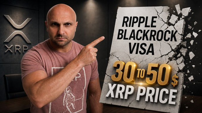 A man points toward a cracked concrete graphic reading "RIPPLE BLACKROCK VISA 30 TO 50 $ XRP PRICE," with the XRP logo displayed on the left wall. The image visually reinforces the post's bullish $50 XRP price prediction tied to Ripple, BlackRock, and Visa partnerships.